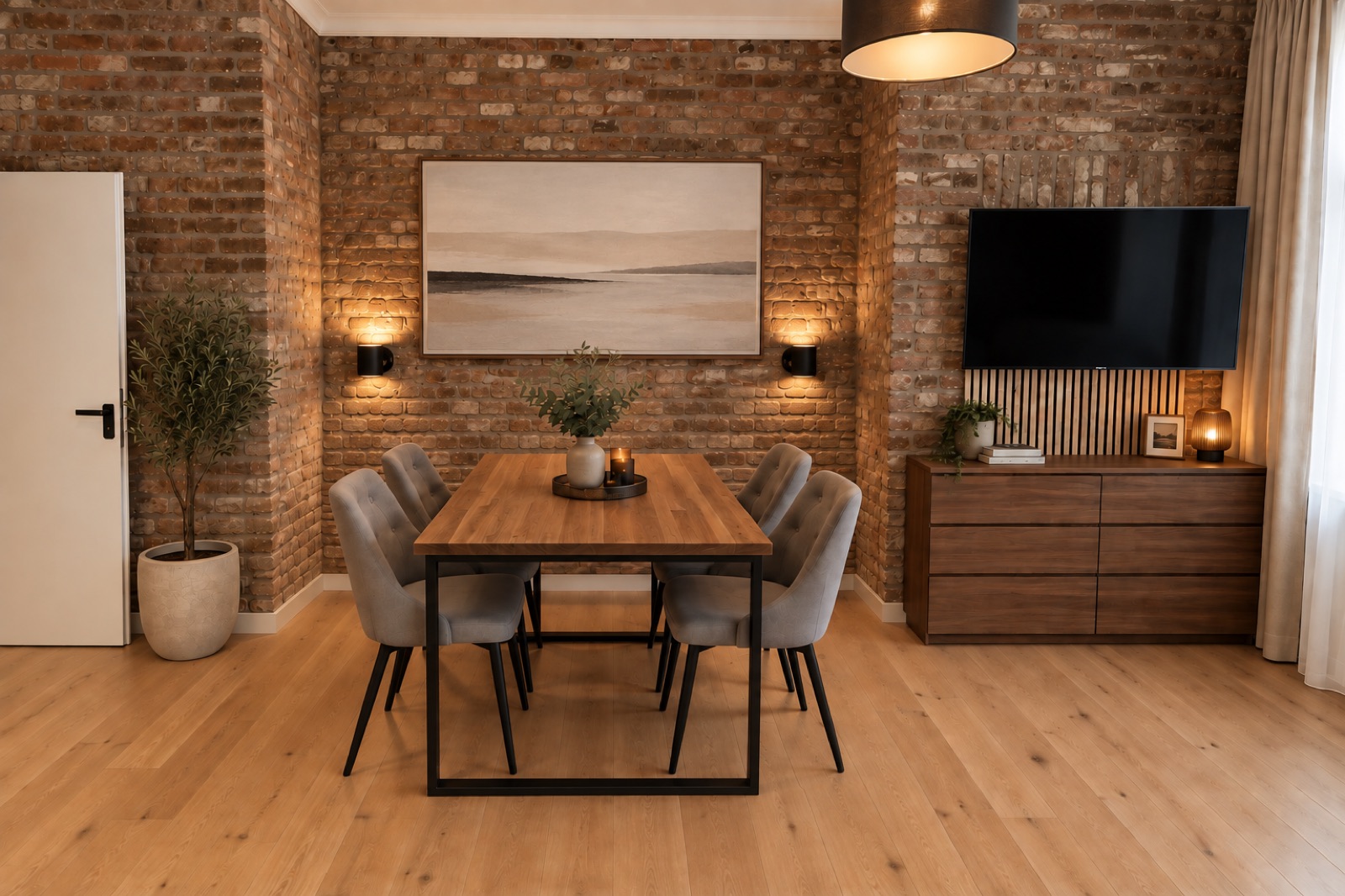 Essbereich mit Holztisch vor Backsteinwand, Apartment CHIO