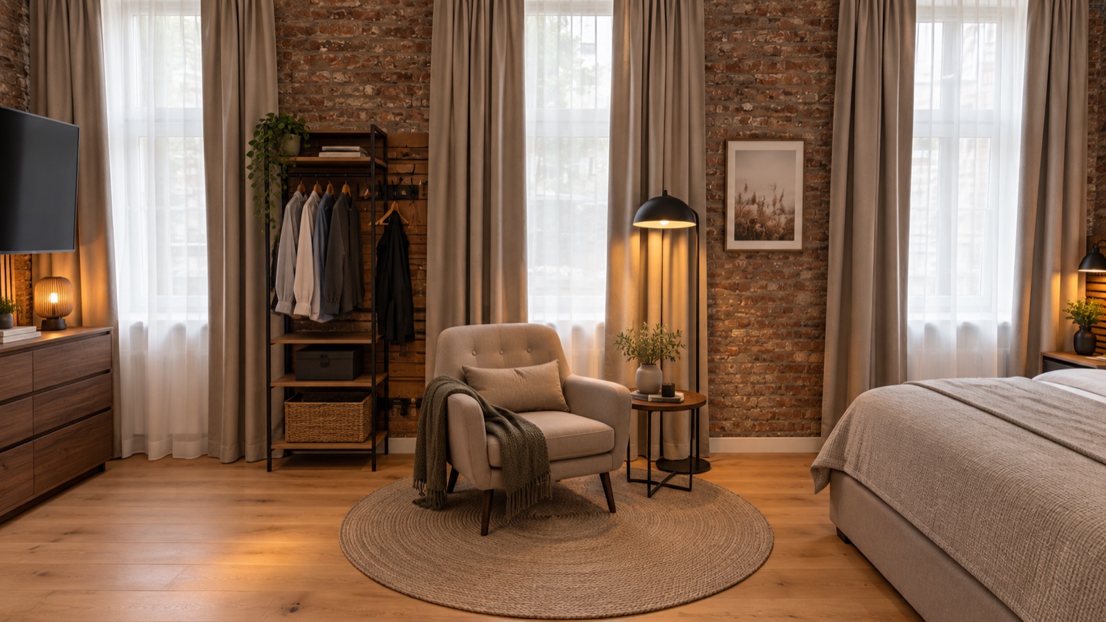 Fensterfront mit Sessel und offener Garderobe, Apartment CHIO