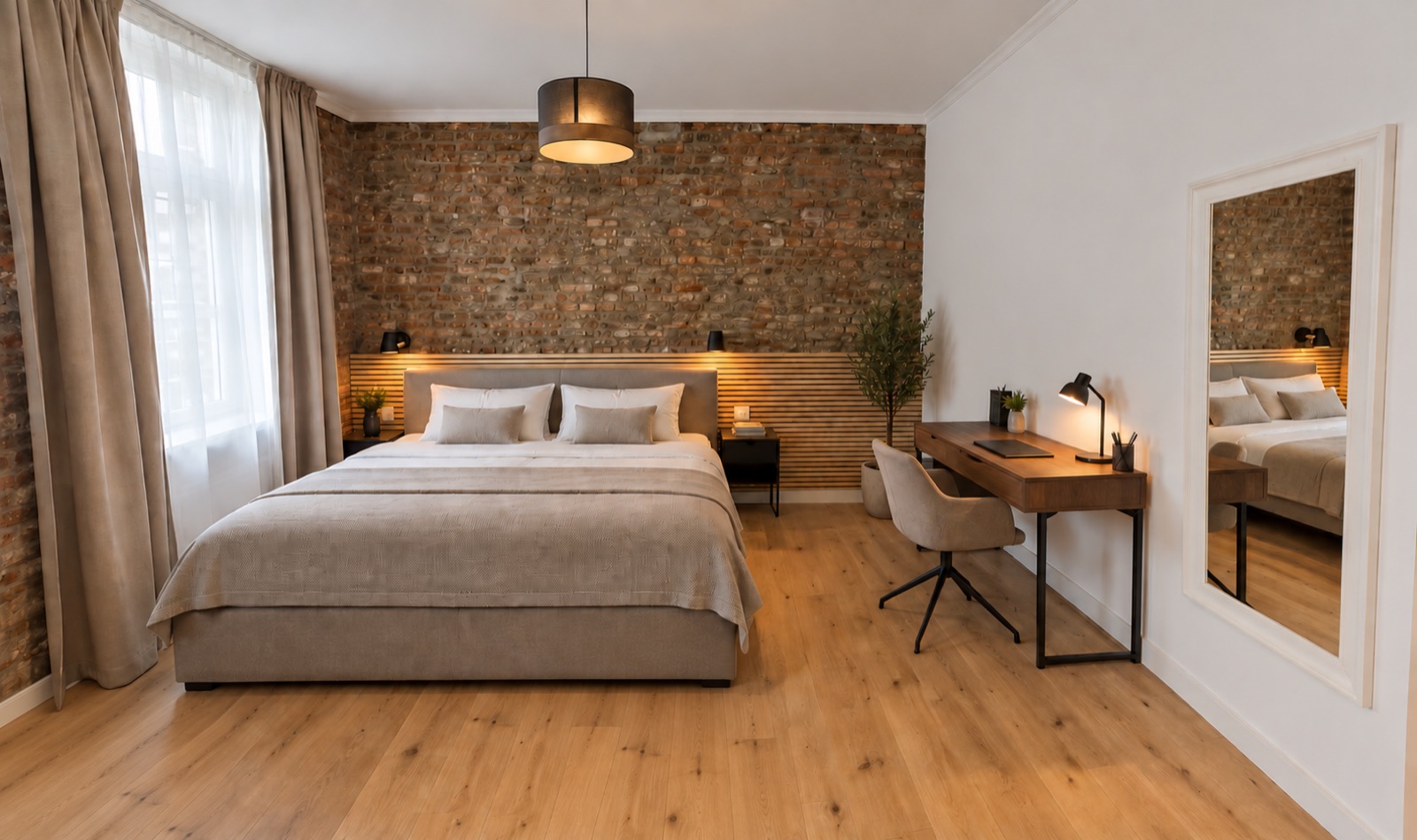 Schlafbereich mit Doppelbett und Schreibtisch, Apartment CHIO