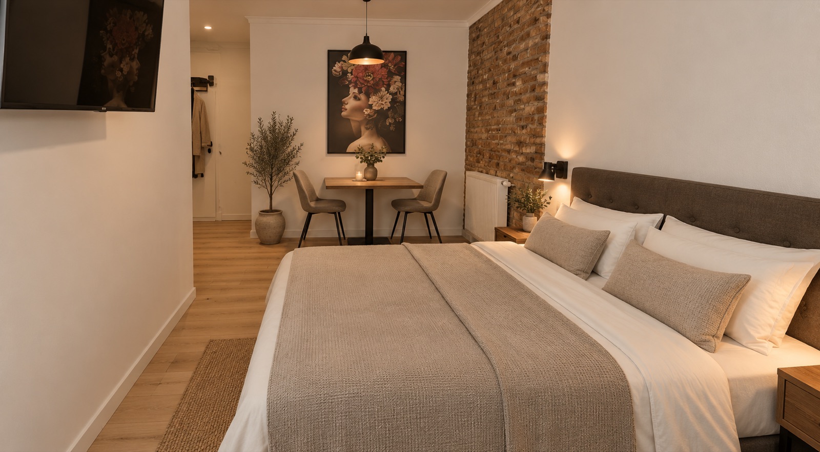 Doppelbett und kleine Essecke, Apartment TIVOLI